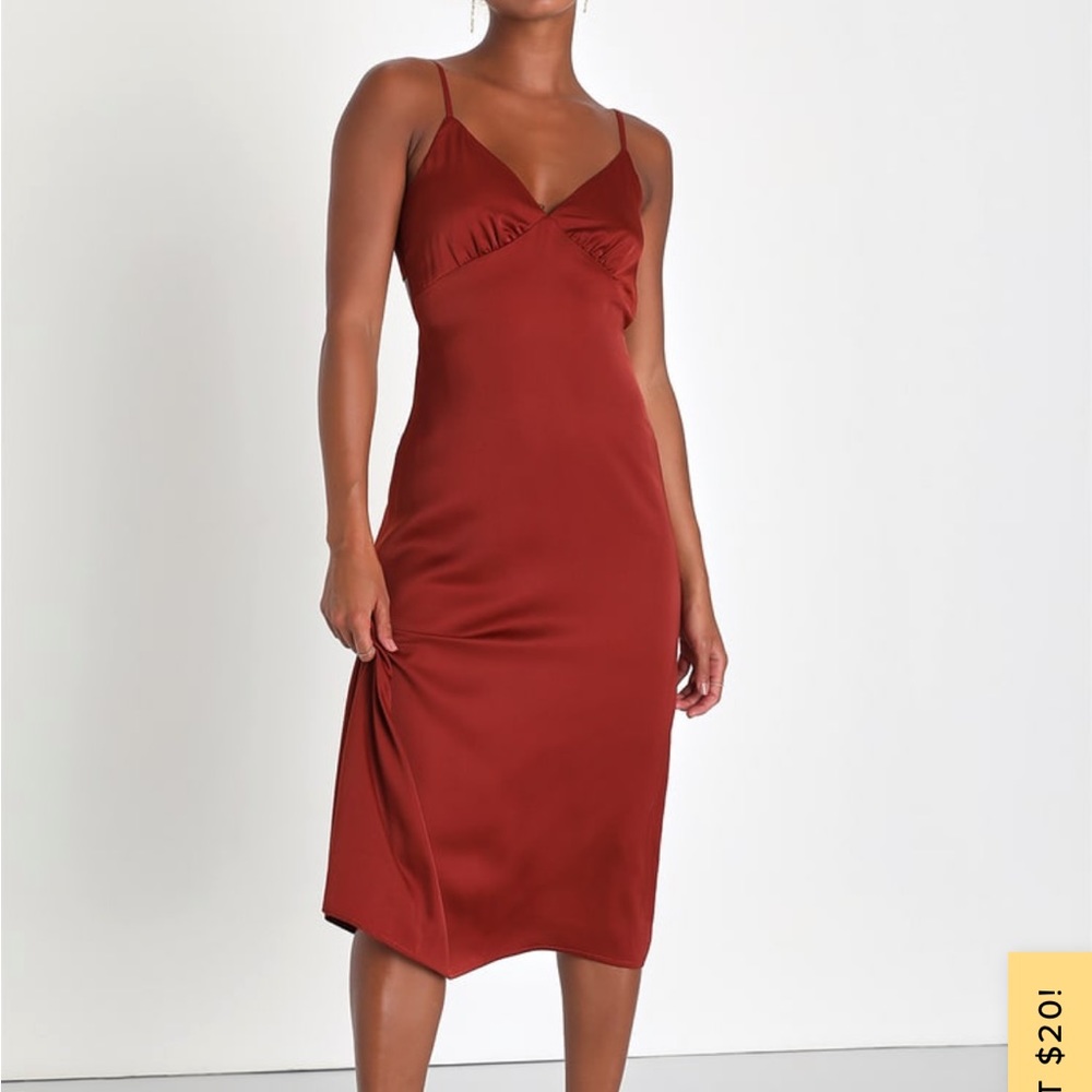 Lulus Icon Behavior Rust Satin Lace-Up Backless Midi Dress in Rust, size medium